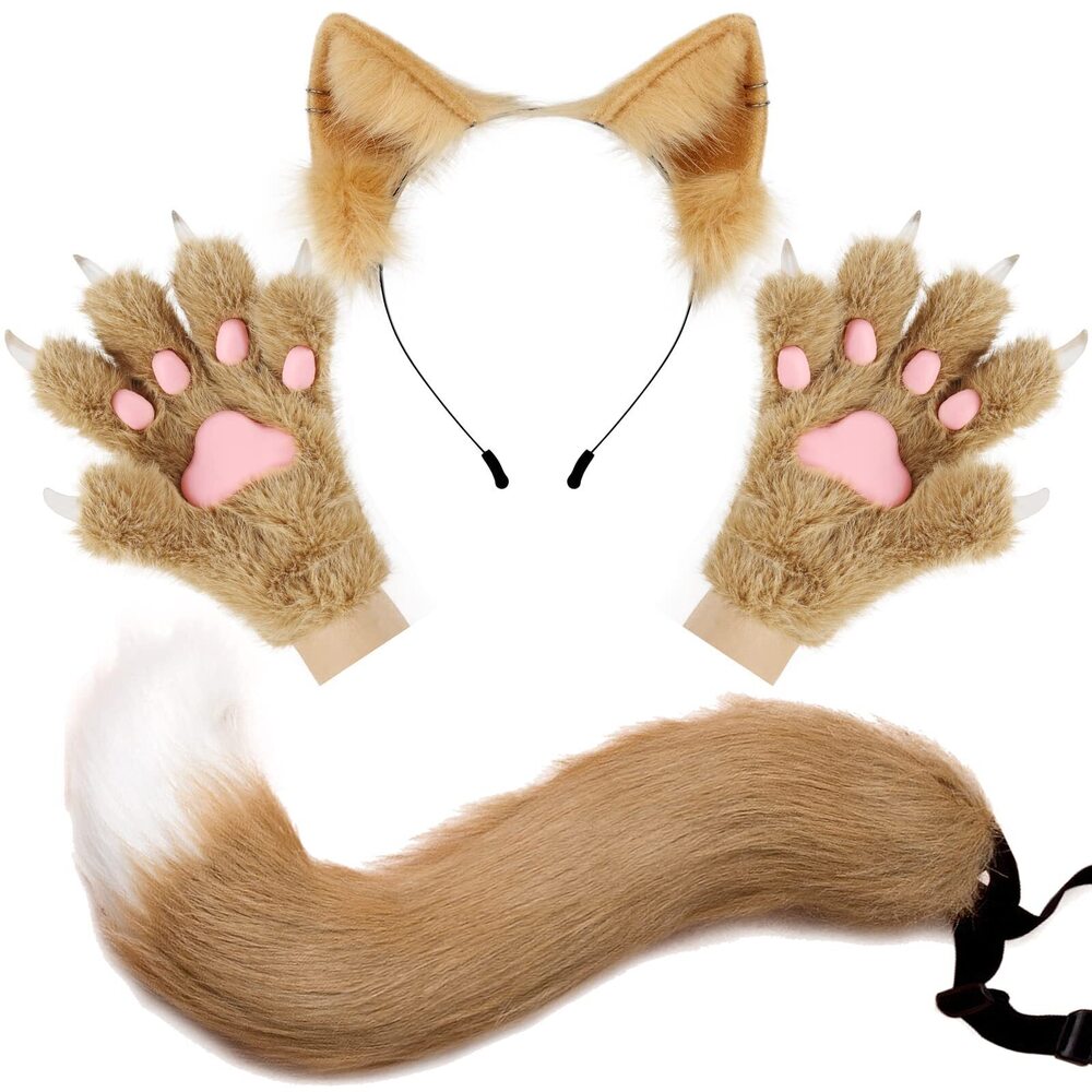 2135 Wolf Fox Tail Clip Ears And Glovess Set Halloween